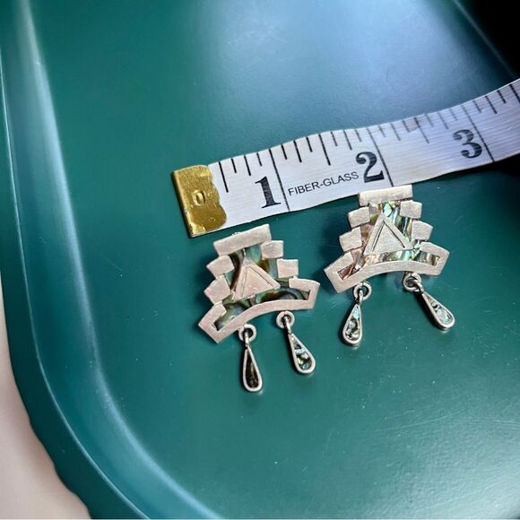 Vintage 1970s Sterling Silver 925 Iridescent Abalone Aztec Mayan Style Earrings - Picture 6 of 7